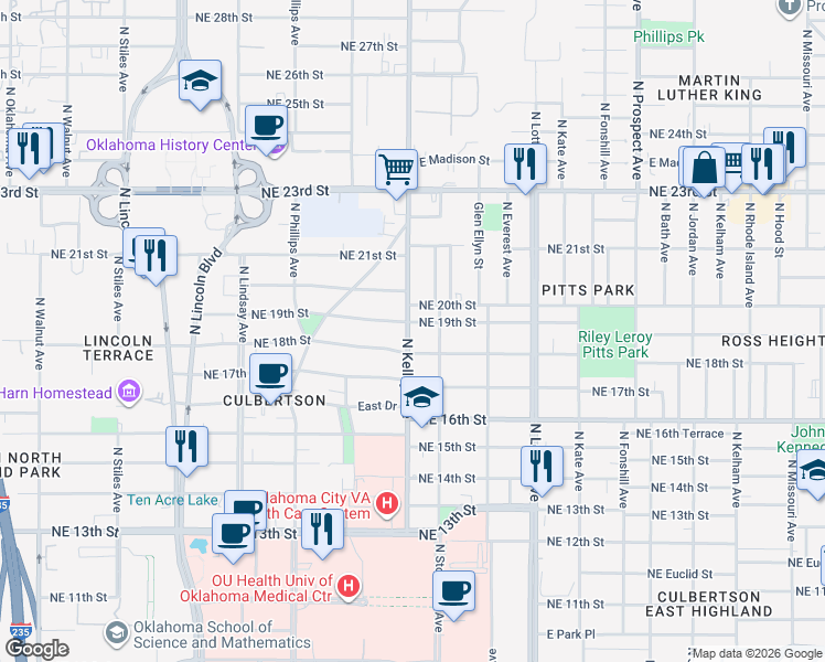 map of restaurants, bars, coffee shops, grocery stores, and more near 1009 Northeast 18th Street in Oklahoma City