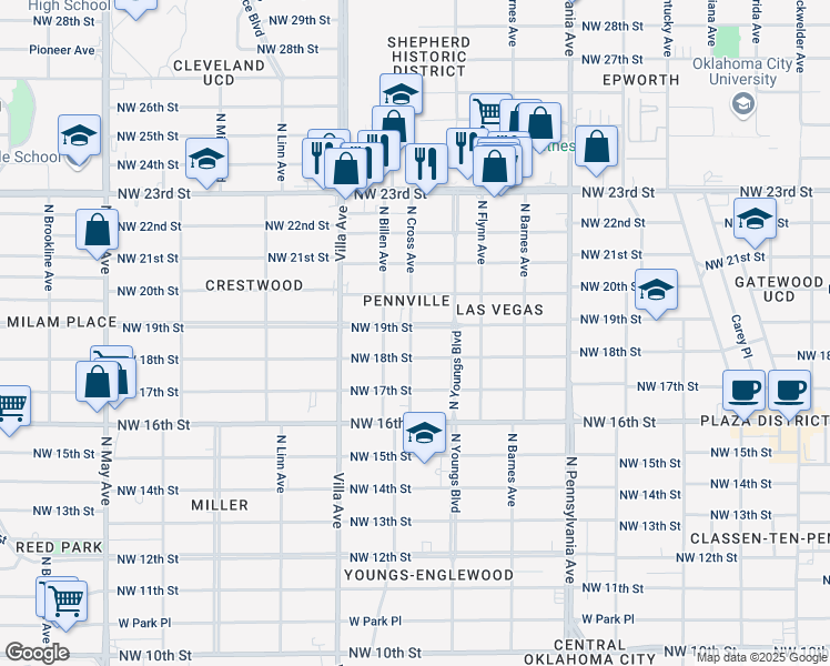 map of restaurants, bars, coffee shops, grocery stores, and more near 2332 Northwest 19th Street in Oklahoma City