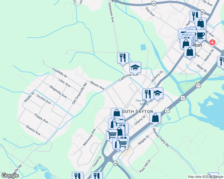 map of restaurants, bars, coffee shops, grocery stores, and more near 490 Illinois Avenue in Dayton