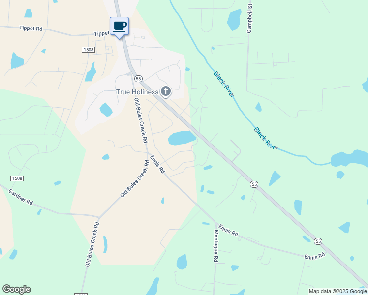map of restaurants, bars, coffee shops, grocery stores, and more near 64 White Birch Lane in Angier