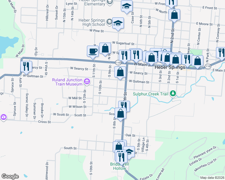 map of restaurants, bars, coffee shops, grocery stores, and more near 810 West Mill Street in Heber Springs