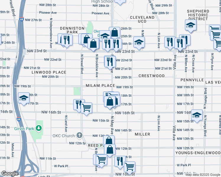 map of restaurants, bars, coffee shops, grocery stores, and more near 2904 Northwest 19th Street in Oklahoma City