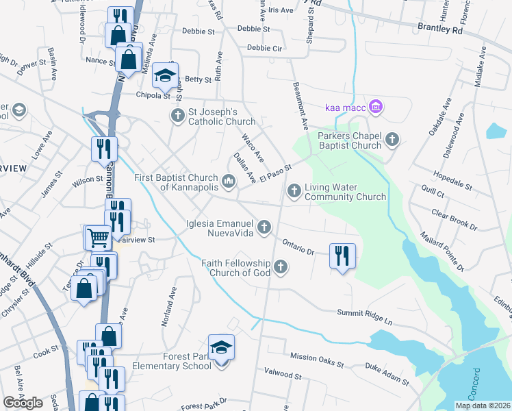 map of restaurants, bars, coffee shops, grocery stores, and more near 1351 Ontario Drive in Kannapolis