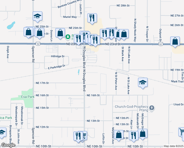 map of restaurants, bars, coffee shops, grocery stores, and more near 9010 Northeast 19th Street in Oklahoma City