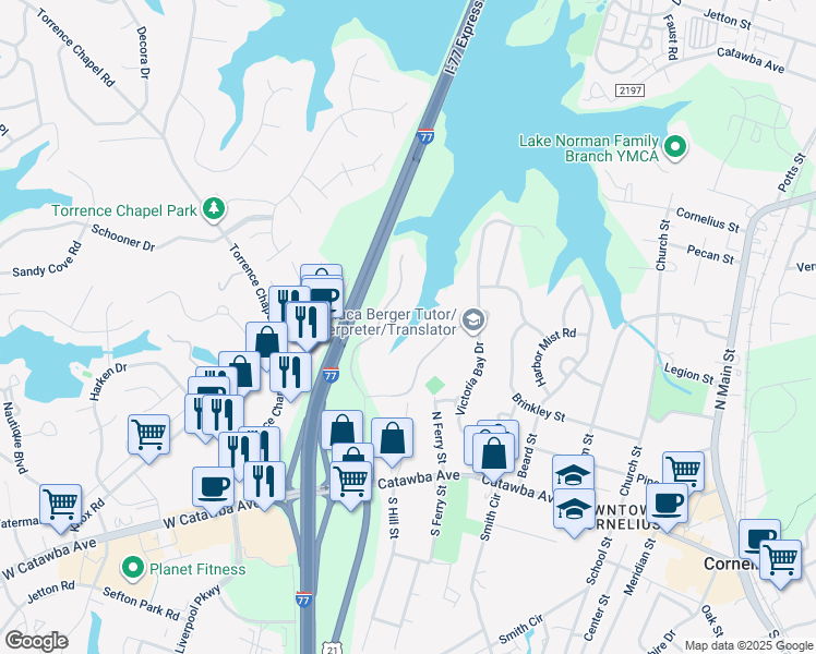 map of restaurants, bars, coffee shops, grocery stores, and more near 20911 Sterling Bay Lane East in Cornelius
