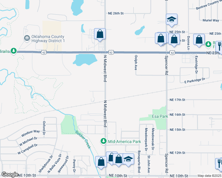 map of restaurants, bars, coffee shops, grocery stores, and more near 1812 North Midwest Boulevard in Oklahoma City