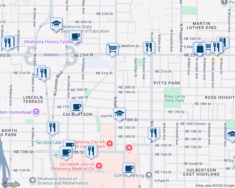 map of restaurants, bars, coffee shops, grocery stores, and more near 1009 Northeast 18th Street in Oklahoma City