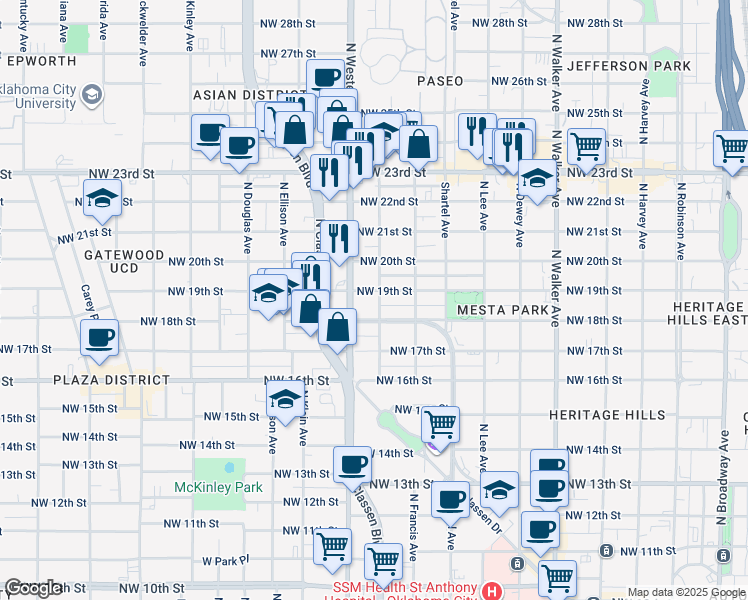 map of restaurants, bars, coffee shops, grocery stores, and more near 977 Northwest 18th Street in Oklahoma City