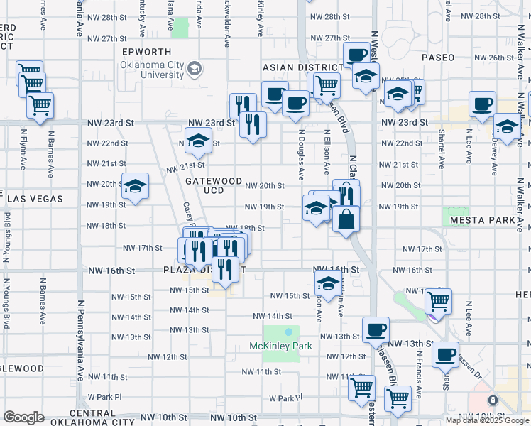 map of restaurants, bars, coffee shops, grocery stores, and more near 1511 Northwest 18th Street in Oklahoma City