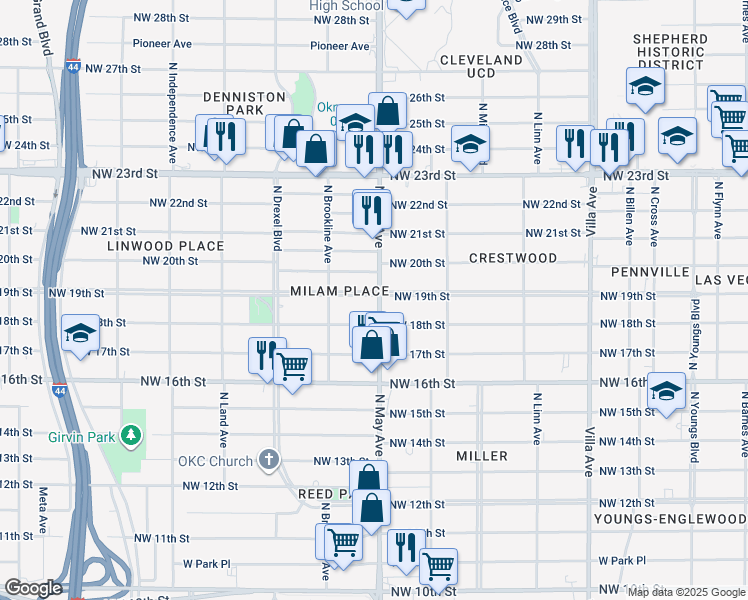 map of restaurants, bars, coffee shops, grocery stores, and more near 2904 Northwest 19th Street in Oklahoma City