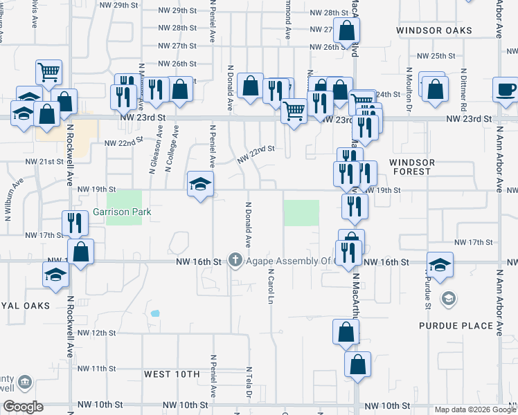 map of restaurants, bars, coffee shops, grocery stores, and more near 1819 North Allen Lane in Oklahoma City