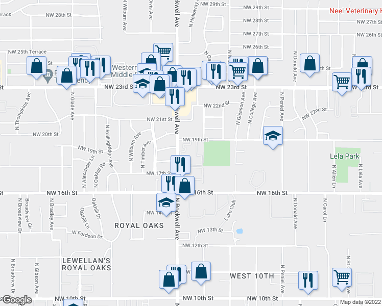 map of restaurants, bars, coffee shops, grocery stores, and more near 1900 North Rockwell Avenue in Bethany