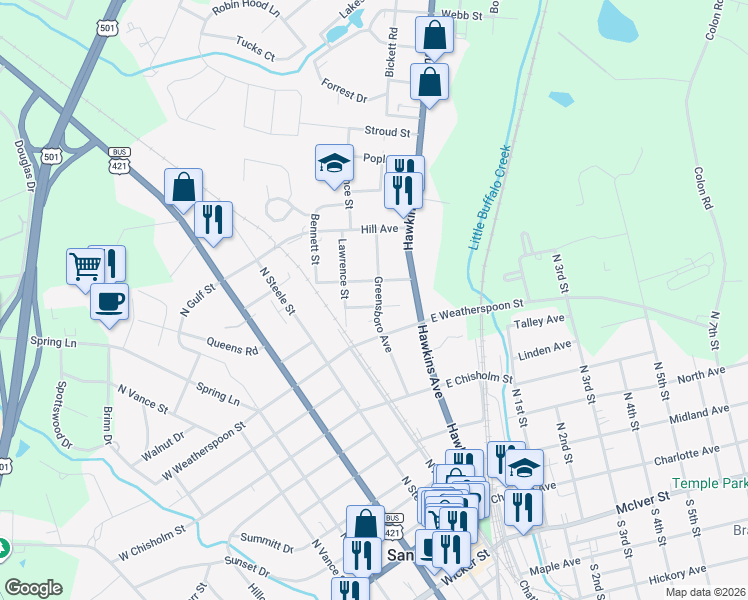 map of restaurants, bars, coffee shops, grocery stores, and more near 603 Greensboro Avenue in Sanford
