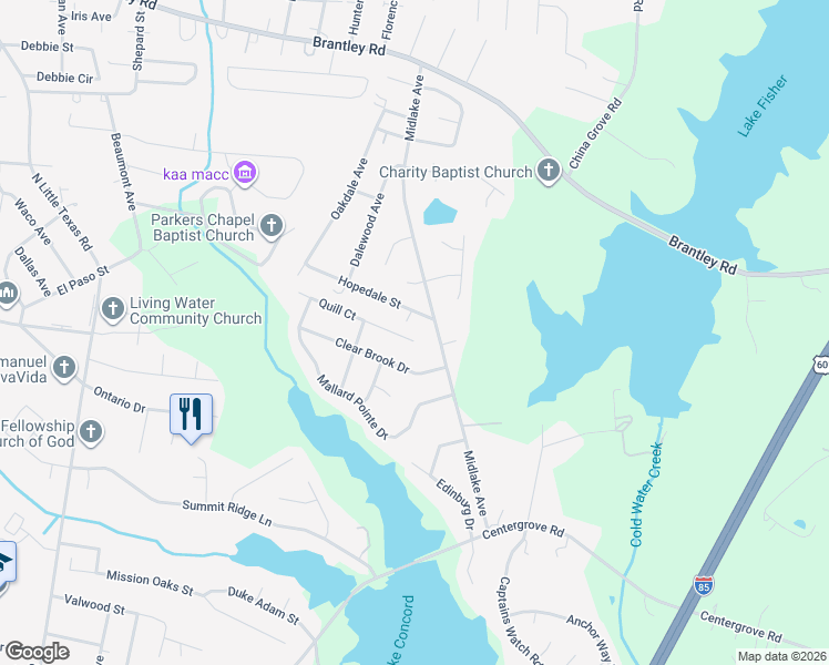 map of restaurants, bars, coffee shops, grocery stores, and more near 2039 Quill Court in Kannapolis