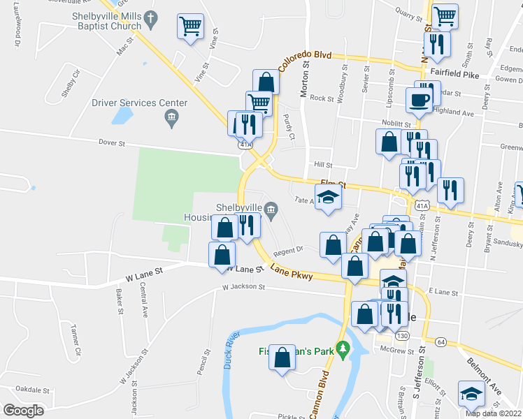 map of restaurants, bars, coffee shops, grocery stores, and more near 300398 Templeton Street in Shelbyville