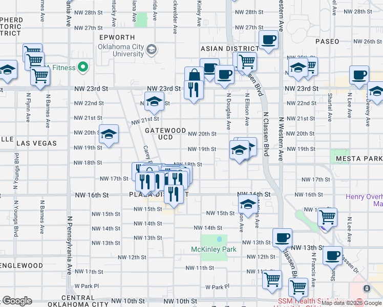 map of restaurants, bars, coffee shops, grocery stores, and more near 1609 Northwest 18th Street in Oklahoma City