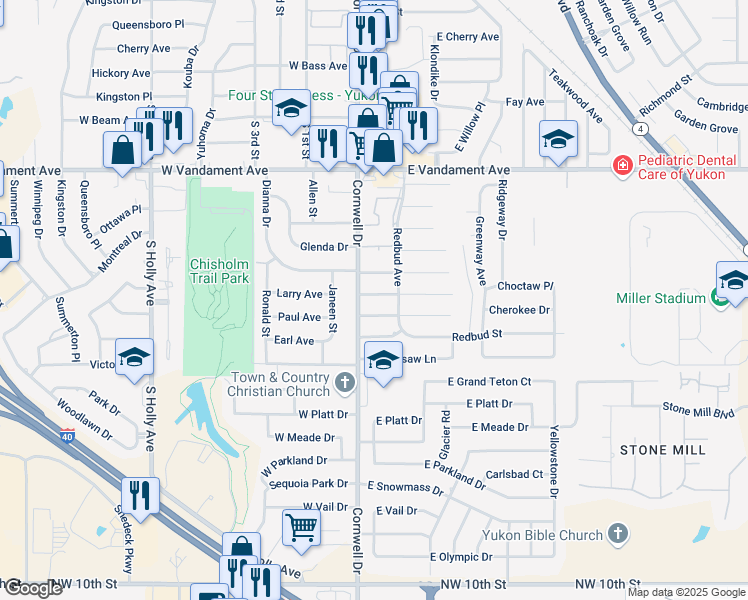 map of restaurants, bars, coffee shops, grocery stores, and more near 109 Cherokee Drive in Yukon