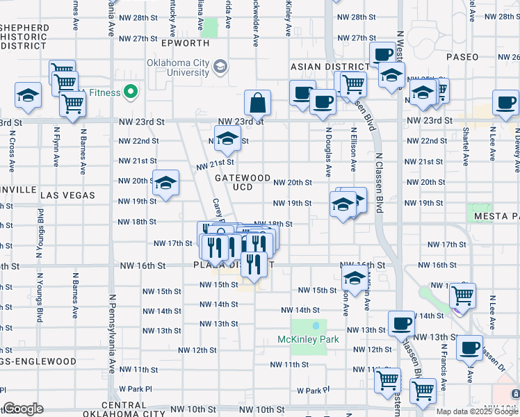 map of restaurants, bars, coffee shops, grocery stores, and more near 1700 Northwest 19th Street in Oklahoma City