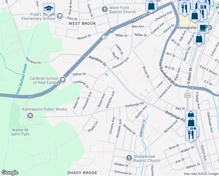 map of restaurants, bars, coffee shops, grocery stores, and more near 701 Robin Avenue in Kannapolis