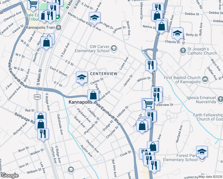 map of restaurants, bars, coffee shops, grocery stores, and more near 340 Wood Avenue in Kannapolis