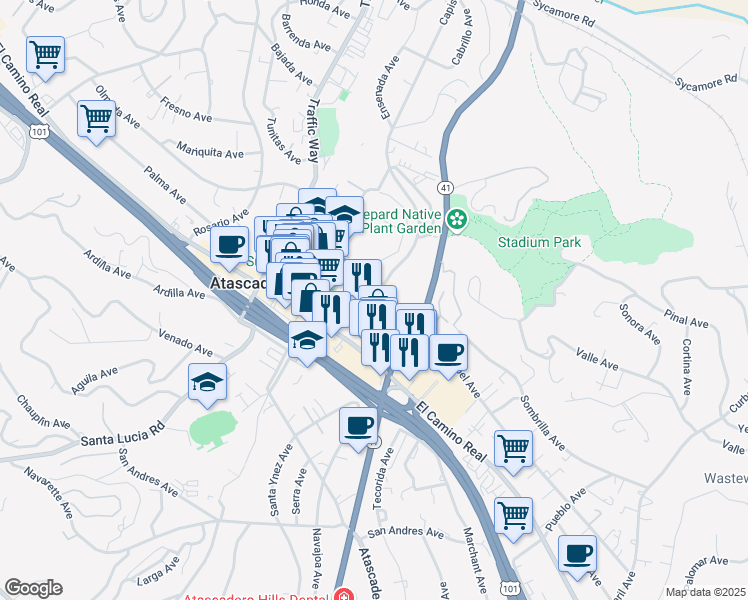 map of restaurants, bars, coffee shops, grocery stores, and more near 6907 El Camino Real in Atascadero
