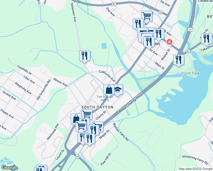 map of restaurants, bars, coffee shops, grocery stores, and more near 107 Hickory Street in Dayton