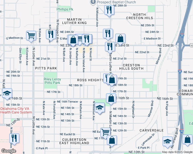 map of restaurants, bars, coffee shops, grocery stores, and more near 1820 Northeast 19th Street in Oklahoma City