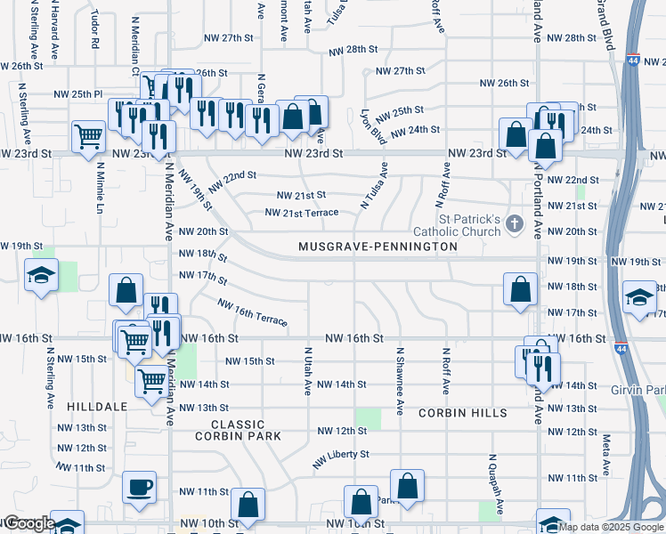 map of restaurants, bars, coffee shops, grocery stores, and more near 4115 Northwest 18th Street in Oklahoma City