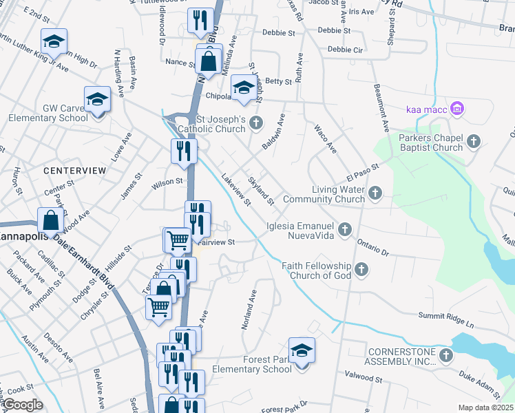 map of restaurants, bars, coffee shops, grocery stores, and more near 1019 Lakeview Street in Kannapolis