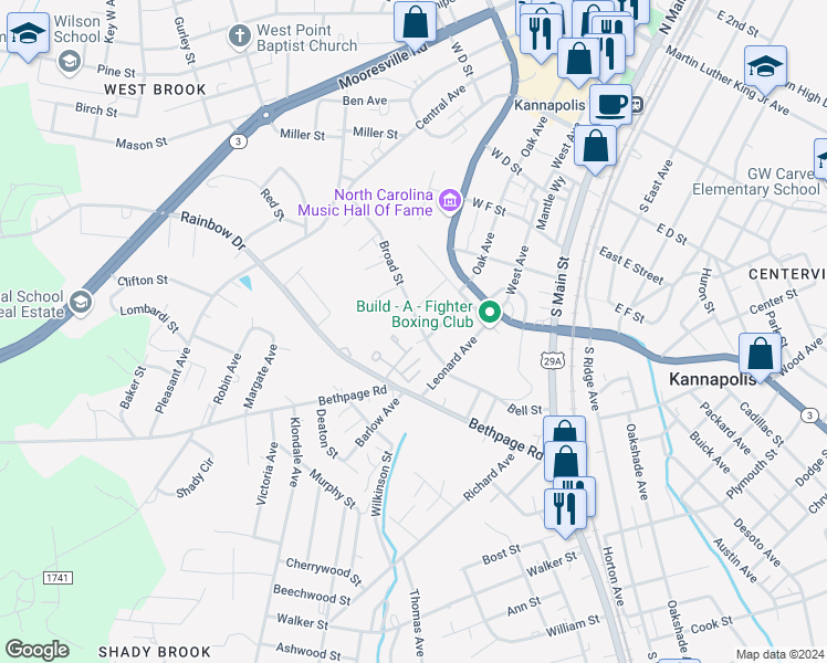 map of restaurants, bars, coffee shops, grocery stores, and more near 505 Broad Street in Kannapolis