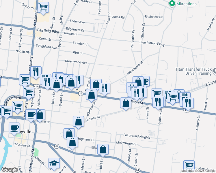 map of restaurants, bars, coffee shops, grocery stores, and more near 714 Whitthorne Street in Shelbyville