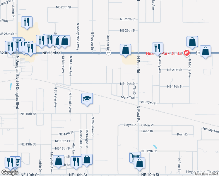map of restaurants, bars, coffee shops, grocery stores, and more near 1813 Mark Trail in Oklahoma City