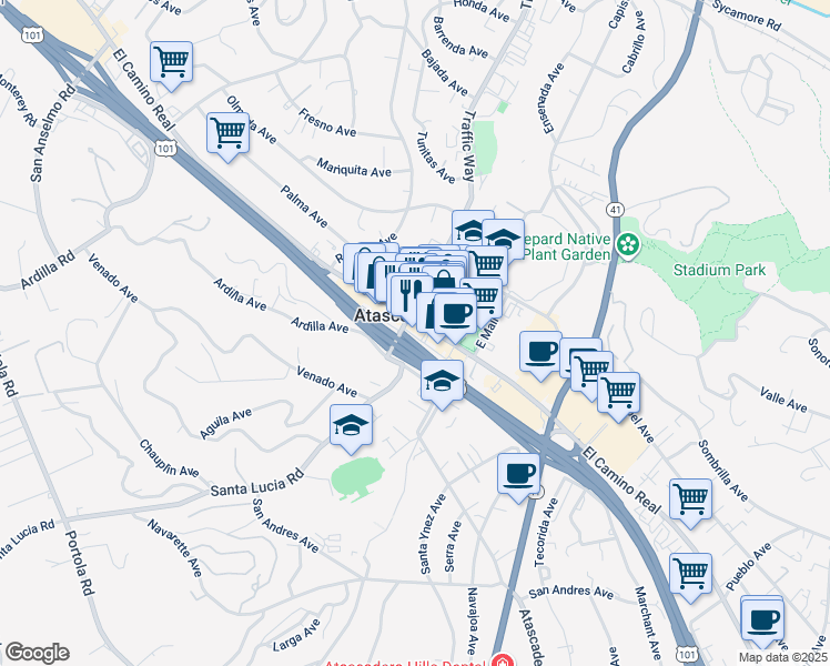 map of restaurants, bars, coffee shops, grocery stores, and more near 6090 El Camino Real in Atascadero