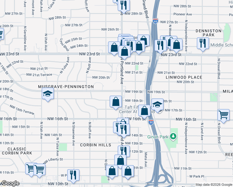 map of restaurants, bars, coffee shops, grocery stores, and more near 3709 Northwest 18th Street in Oklahoma City