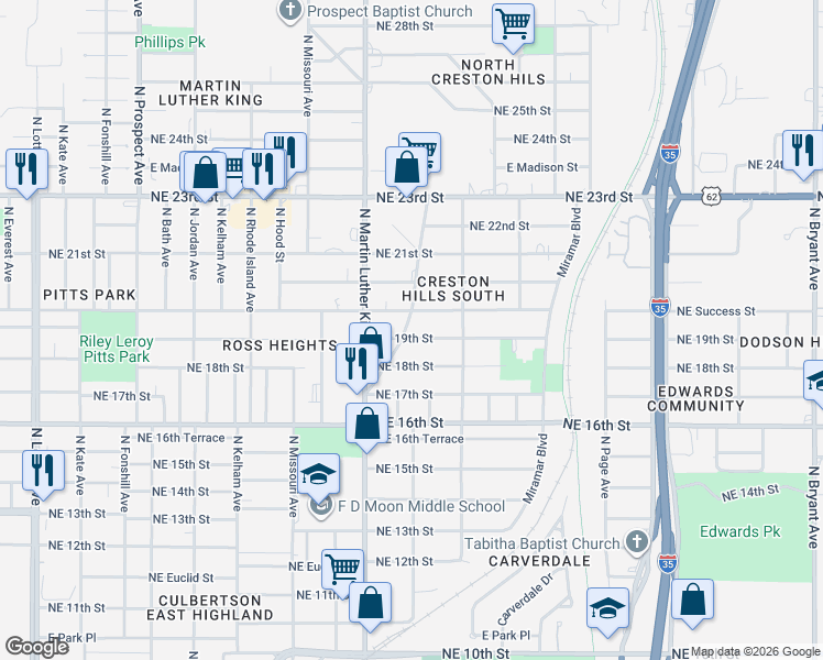 map of restaurants, bars, coffee shops, grocery stores, and more near 2116 Northeast 19th Street in Oklahoma City