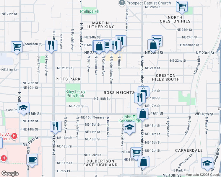 map of restaurants, bars, coffee shops, grocery stores, and more near 1704 Northeast 19th Street in Oklahoma City