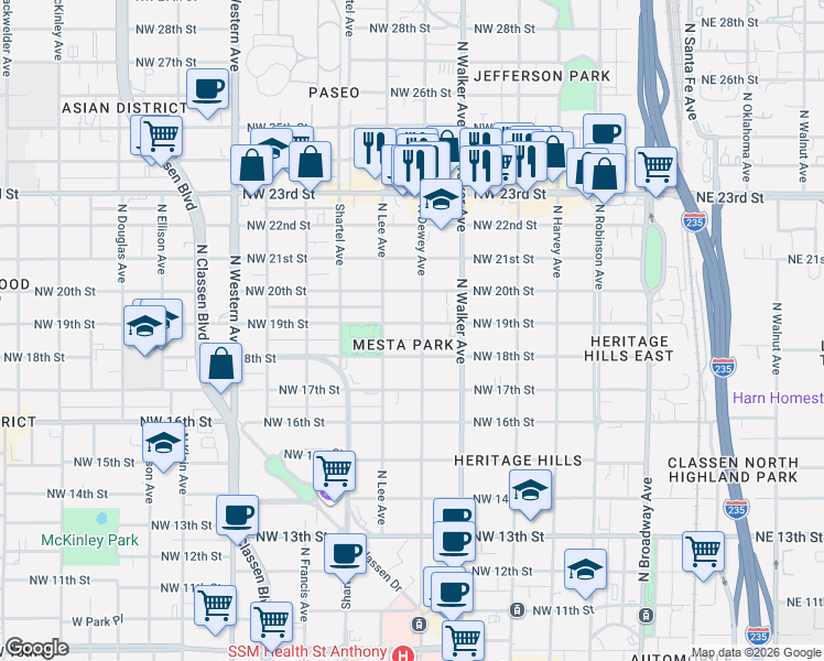 map of restaurants, bars, coffee shops, grocery stores, and more near 529 Northwest 18th Street in Oklahoma City