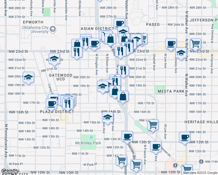 map of restaurants, bars, coffee shops, grocery stores, and more near 1926 North Ellison Avenue in Oklahoma City