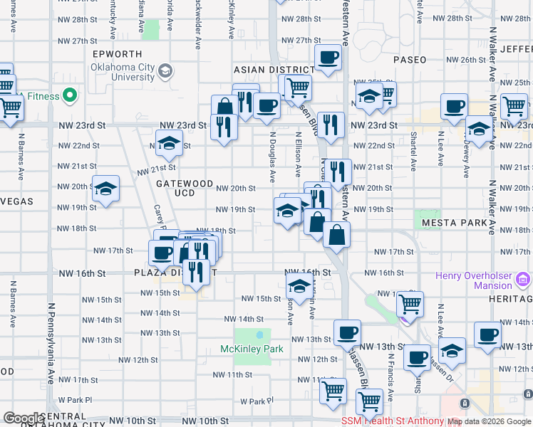 map of restaurants, bars, coffee shops, grocery stores, and more near 1915 North Douglas Avenue in Oklahoma City