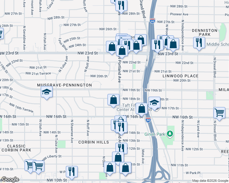 map of restaurants, bars, coffee shops, grocery stores, and more near 3709 Northwest 18th Street in Oklahoma City
