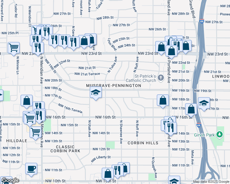 map of restaurants, bars, coffee shops, grocery stores, and more near 4037 Northwest 18th Street in Oklahoma City