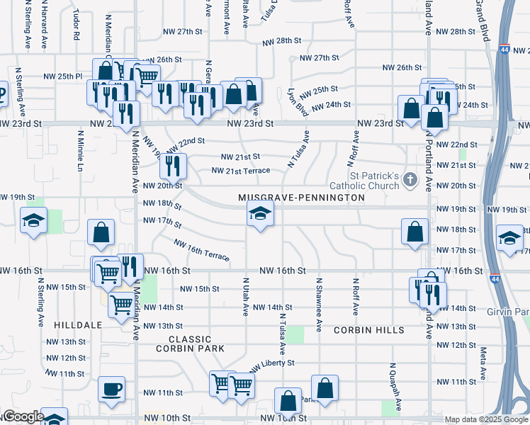 map of restaurants, bars, coffee shops, grocery stores, and more near 4115 Northwest 18th Street in Oklahoma City