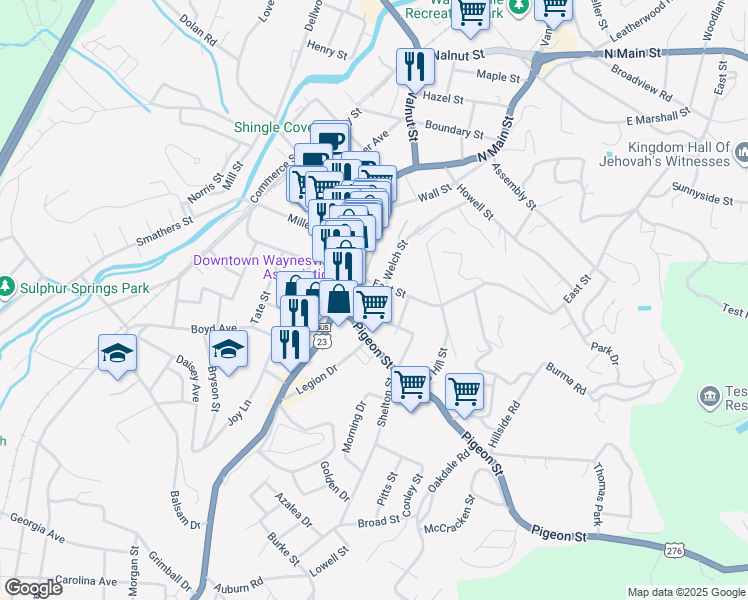 map of restaurants, bars, coffee shops, grocery stores, and more near 59 Pigeon Street in Waynesville