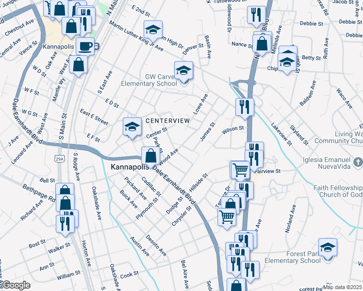 map of restaurants, bars, coffee shops, grocery stores, and more near 332 Wood Avenue in Kannapolis