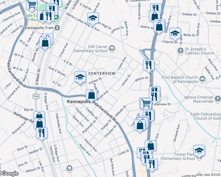 map of restaurants, bars, coffee shops, grocery stores, and more near 278 James Street in Kannapolis