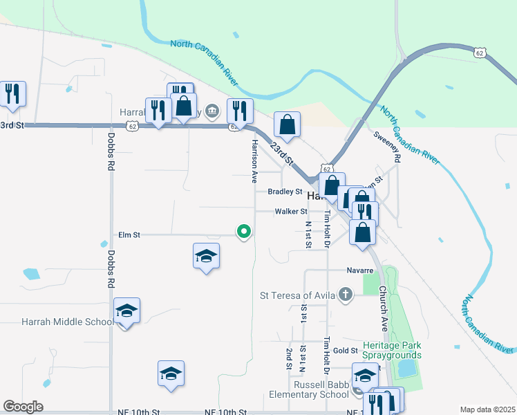 map of restaurants, bars, coffee shops, grocery stores, and more near 2024 Harrison Avenue in Harrah