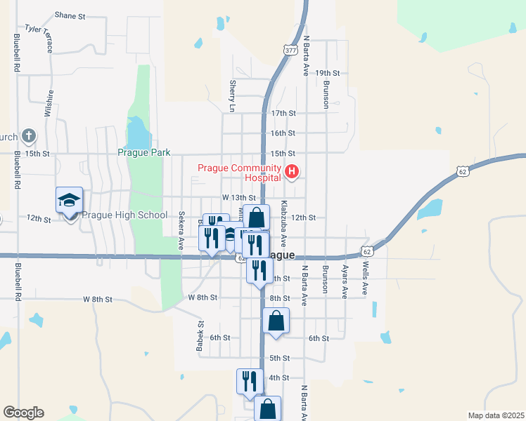 map of restaurants, bars, coffee shops, grocery stores, and more near U.S. Route 377 in Prague