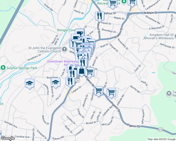 map of restaurants, bars, coffee shops, grocery stores, and more near 59 Pigeon Street in Waynesville
