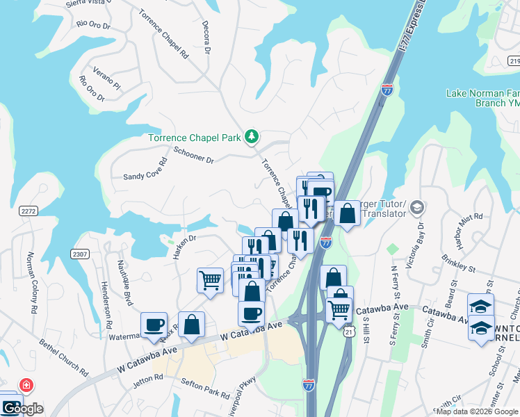 map of restaurants, bars, coffee shops, grocery stores, and more near in Cornelius