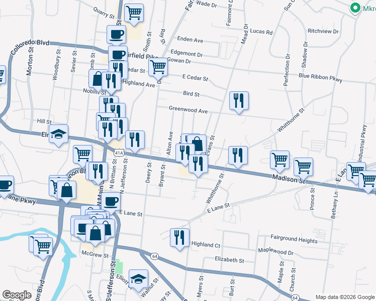 map of restaurants, bars, coffee shops, grocery stores, and more near 517 Madison Street in Shelbyville